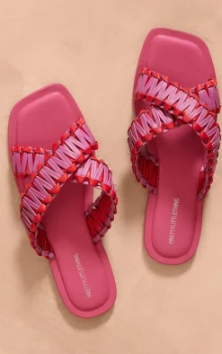 PrettyLittleThing Flat Sandals*Pink and Red Real Leather Woven Strap Detail Flat Sandals