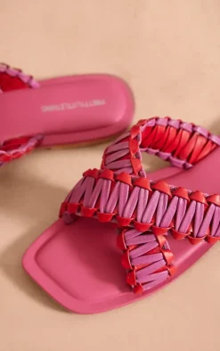 PrettyLittleThing Flat Sandals*Pink and Red Real Leather Woven Strap Detail Flat Sandals