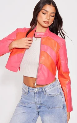 PrettyLittleThing Faux Leather Jackets*Asymmetric Lines Faux Leather Crop Jacket