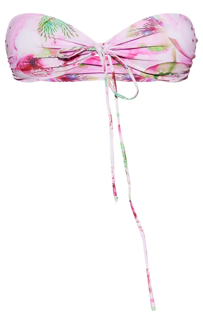 Pink Blurred Fruit Print Bandeau Bikini Top