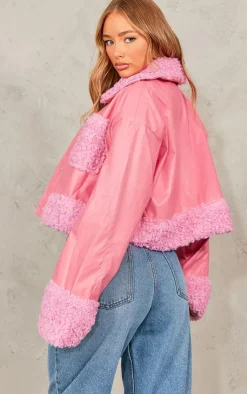 PrettyLittleThing Faux Leather Jackets*Borg Pocket Front Faux Leather Cropped Coat