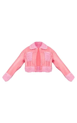 PrettyLittleThing Faux Leather Jackets*Borg Pocket Front Faux Leather Cropped Coat