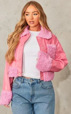 PrettyLittleThing Faux Leather Jackets*Borg Pocket Front Faux Leather Cropped Coat