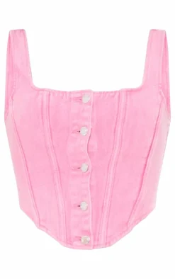 Discount PrettyLittleThing Button Detail Boned Denim Corset Top Pink