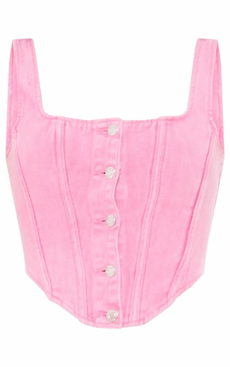 Discount PrettyLittleThing Button Detail Boned Denim Corset Top Pink