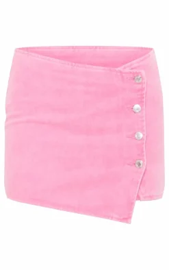 Discount PrettyLittleThing Button Detail Denim Mini Skirt Pink