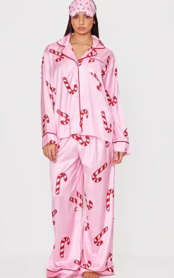 PrettyLittleThing Christmas Day Outfits*Candy Cane Print Satin Long PJ Set