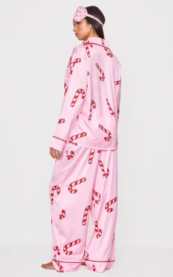 PrettyLittleThing Christmas Day Outfits*Candy Cane Print Satin Long PJ Set