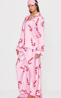 PrettyLittleThing Christmas Day Outfits*Candy Cane Print Satin Long PJ Set
