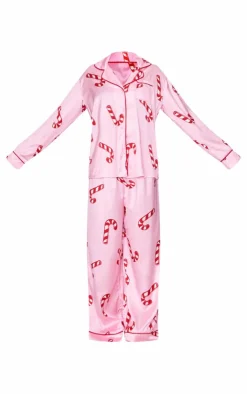 PrettyLittleThing Christmas Day Outfits*Candy Cane Print Satin Long PJ Set