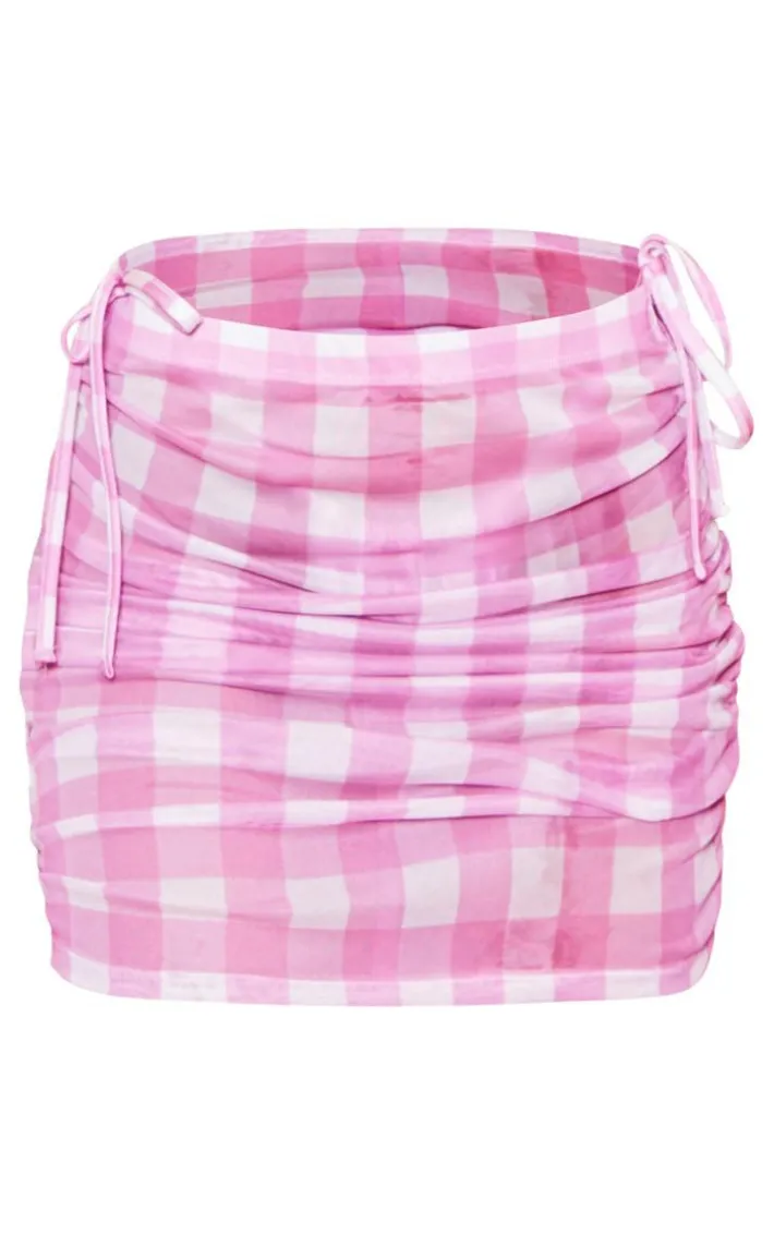 Pink Checkerboard Ruched Mesh Beach Skirt