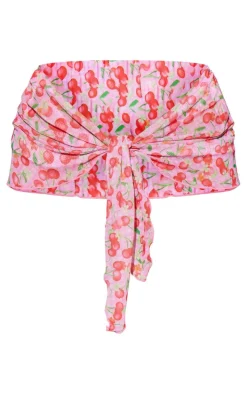 Pink Cherry Print Mini Mesh Beach Sarong