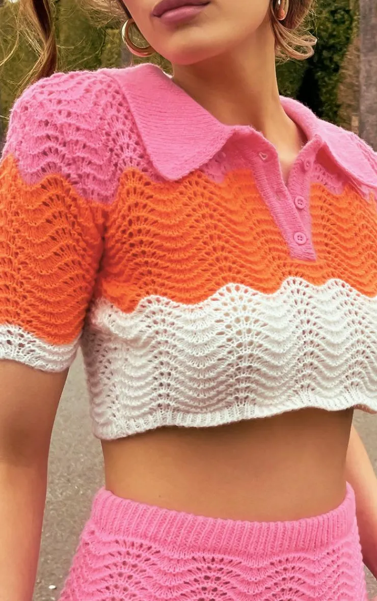Sale PrettyLittleThing Contrast Crochet Knit Cropped Top Pink
