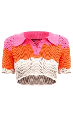 Sale PrettyLittleThing Contrast Crochet Knit Cropped Top Pink