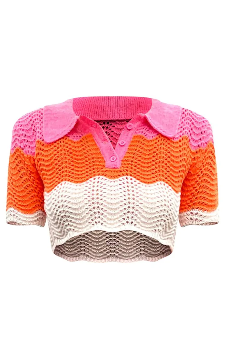 Sale PrettyLittleThing Contrast Crochet Knit Cropped Top Pink
