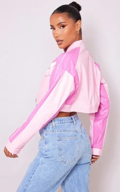 PrettyLittleThing Faux Leather Jackets*Contrast Cropped Faux Leather Racer Jacket