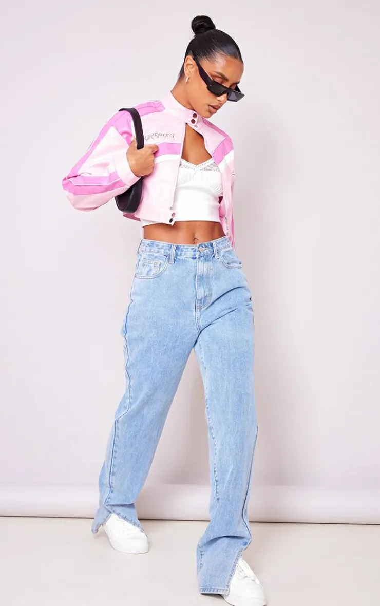 PrettyLittleThing Faux Leather Jackets*Contrast Cropped Faux Leather Racer Jacket