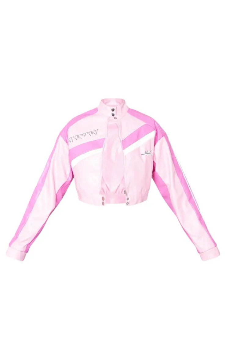 PrettyLittleThing Faux Leather Jackets*Contrast Cropped Faux Leather Racer Jacket