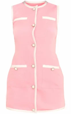 Pink Contrast Detailed Pearl Button Woven Romper