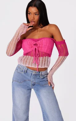 PrettyLittleThing Knitted Tops*Contrast Eyelash Knit Top With Sleeves