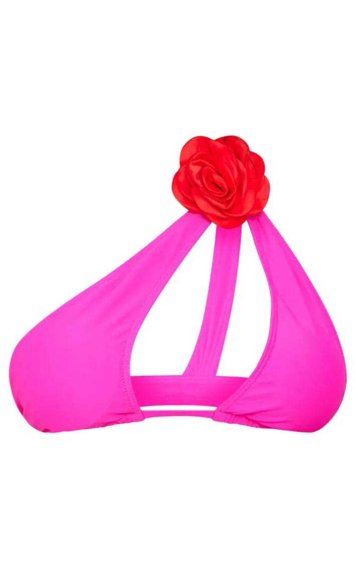 Pink Contrast Flower Detail Triangle Bikini Top
