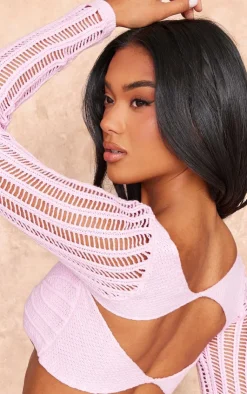 PrettyLittleThing Knitted Tops*Crochet Knit Cut Out Contrast Sleeve Crop Top