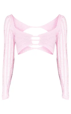 PrettyLittleThing Knitted Tops*Crochet Knit Cut Out Contrast Sleeve Crop Top