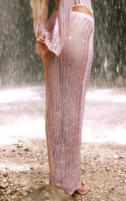 Clearance PrettyLittleThing Crochet Sequin Knit Low Rise Maxi Skirt Pink