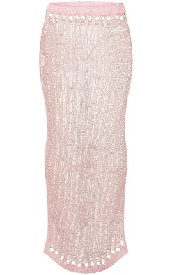 Clearance PrettyLittleThing Crochet Sequin Knit Low Rise Maxi Skirt Pink