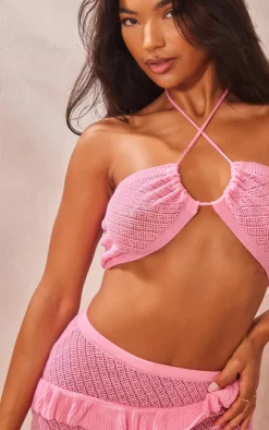 Sale PrettyLittleThing Crontrast Stitch Front Tie Knit Bralet Pink