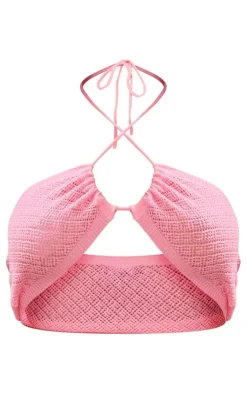 Sale PrettyLittleThing Crontrast Stitch Front Tie Knit Bralet Pink