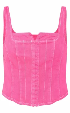PrettyLittleThing Denim Contrast Stitch Corset Top Pink