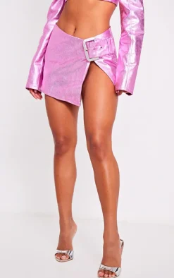 Best PrettyLittleThing Diamante Buckle Denim Mini Skirt Pink