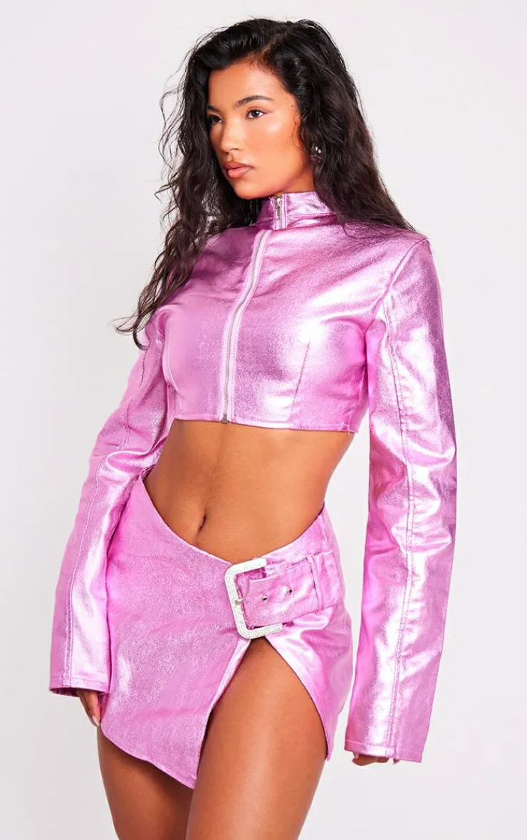 Best PrettyLittleThing Diamante Buckle Denim Mini Skirt Pink