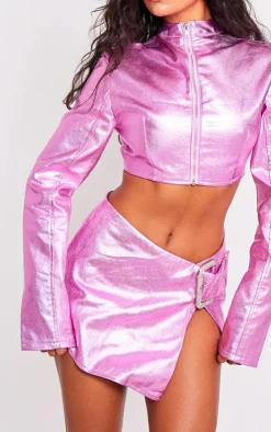 Best PrettyLittleThing Diamante Buckle Denim Mini Skirt Pink