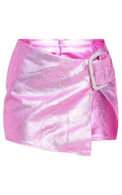 Best PrettyLittleThing Diamante Buckle Denim Mini Skirt Pink