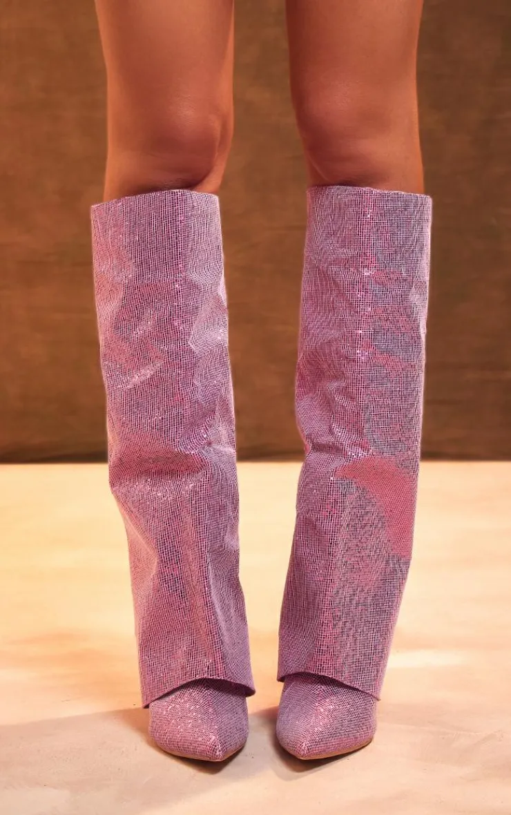 PrettyLittleThing Knee High Boots*Diamante Point Toe Fold Over Wedged Knee High Boots