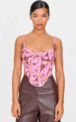 PrettyLittleThing Corsets*Dipped Hem Flower Print Denim Corset