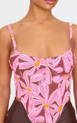 PrettyLittleThing Corsets*Dipped Hem Flower Print Denim Corset