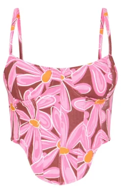 PrettyLittleThing Corsets*Dipped Hem Flower Print Denim Corset