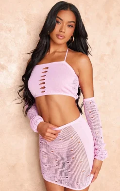 PrettyLittleThing Distressed Textured Knit Mini Skirt Pink