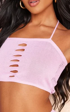 Hot PrettyLittleThing Distressed Textured Knit Crop Top Pink