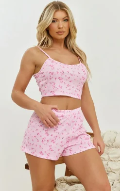 PrettyLittleThing Christmas Shop*Ditsy Floral Printed Rib Cami Short Pj Set