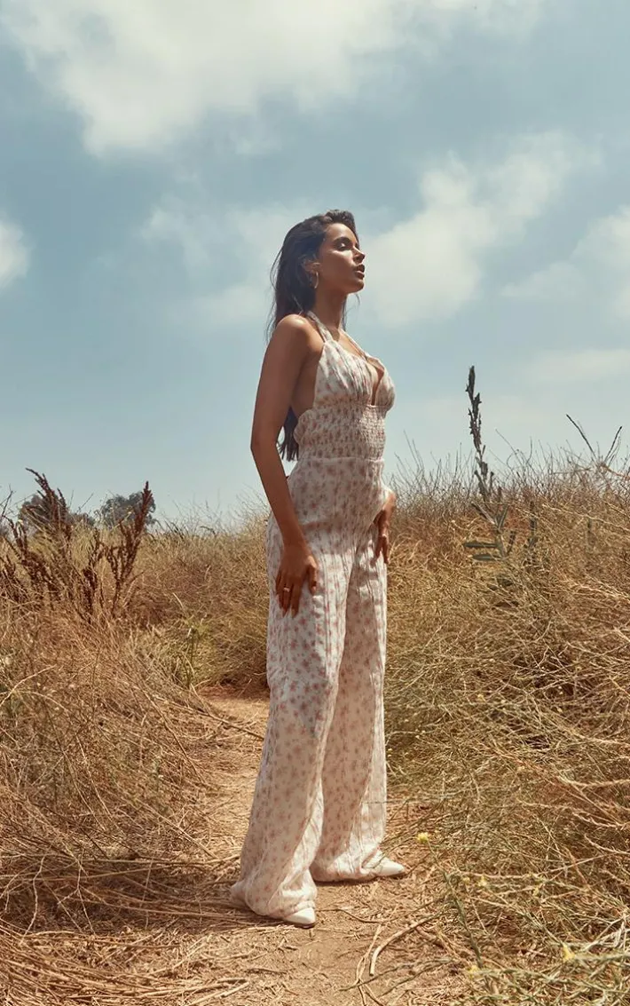 Pink Ditsy Floral Printed Halterneck Jumpsuit