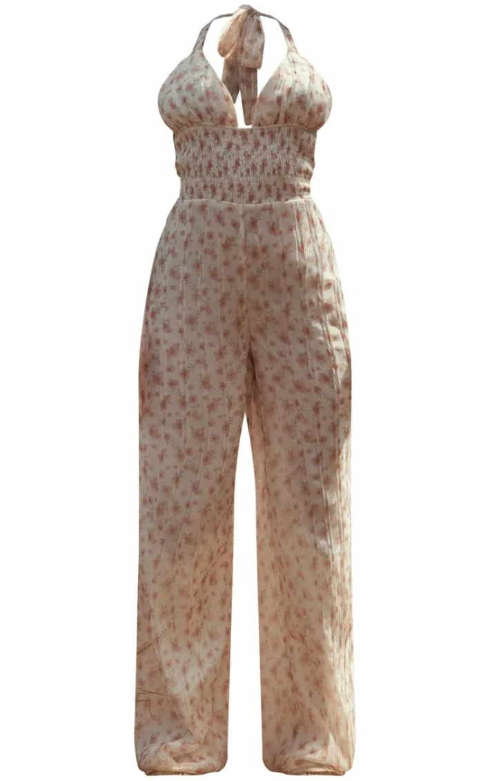 Pink Ditsy Floral Printed Halterneck Jumpsuit