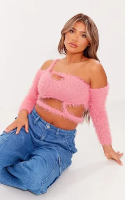 PrettyLittleThing Knitted Tops*Eyelash Knit Cut Out Long Sleeve Top