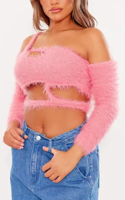 PrettyLittleThing Knitted Tops*Eyelash Knit Cut Out Long Sleeve Top