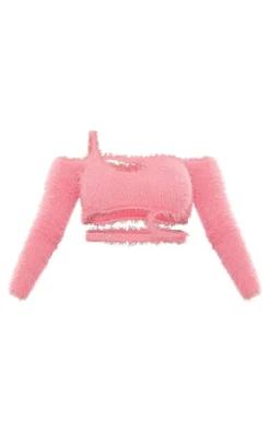 PrettyLittleThing Knitted Tops*Eyelash Knit Cut Out Long Sleeve Top