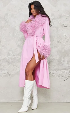 PrettyLittleThing Faux Fur Coats*Faux Fur Contrast Collar Self Tie Maxi Coat