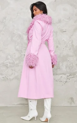 PrettyLittleThing Faux Fur Coats*Faux Fur Contrast Collar Self Tie Maxi Coat